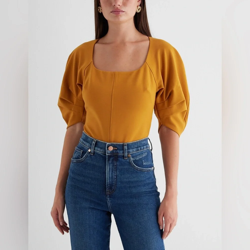 Express Fitted Ponte Square Neck Puff Sleeve Bodysuit in Size Small - Picture 2 of 12